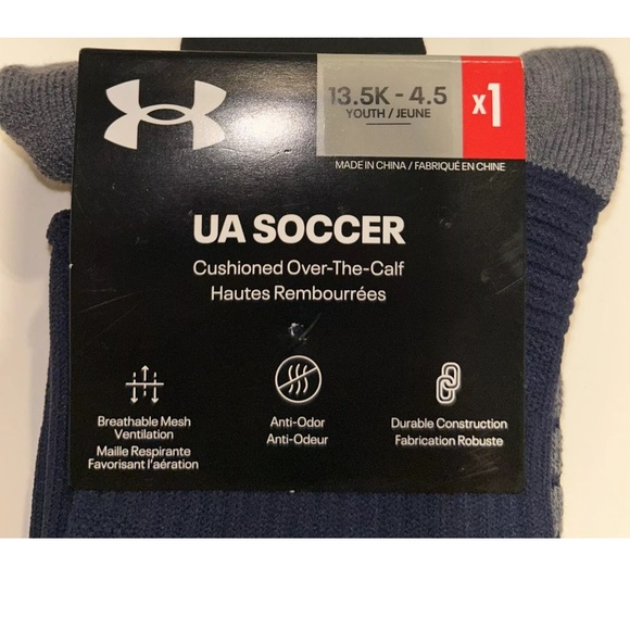 Under Armour UA OTC Soccer Socks 1 Pair Youth 13.5K-4.5 Navy w White Logo Kids - Picture 3 of 10
